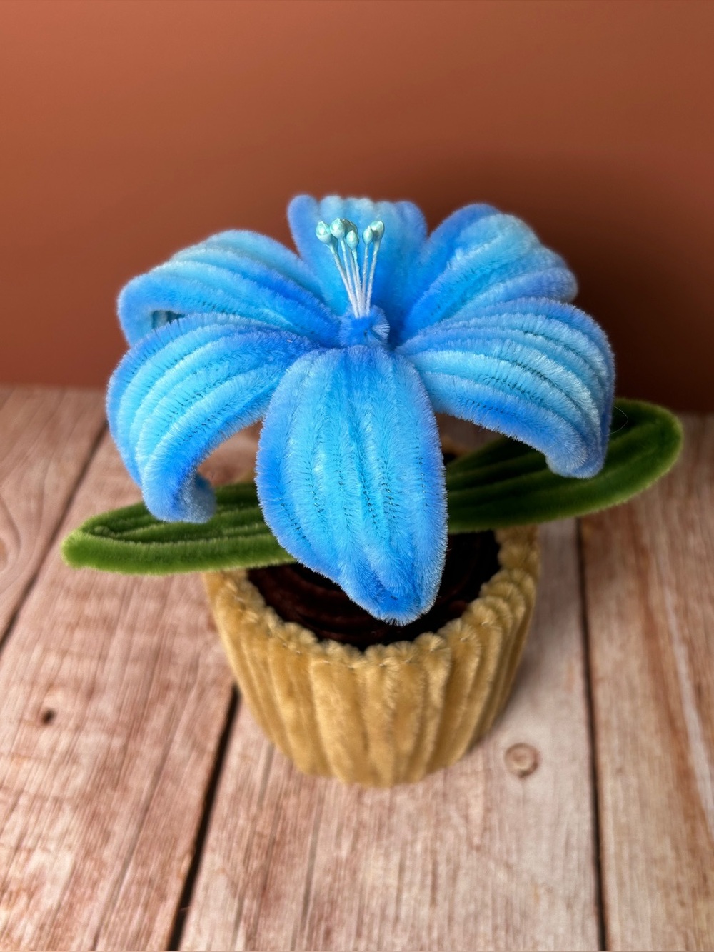 Blue Pipe Cleaner Faux Flower Pot, Quirky Home Decor, Handmade Gift - SHADED